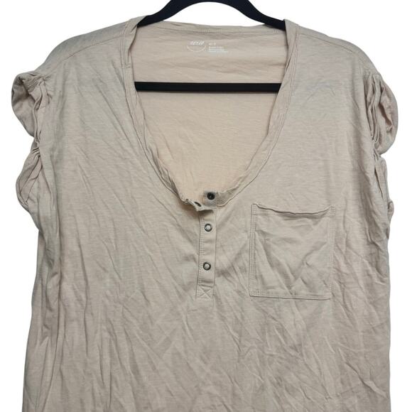 Aerie Beige Henley Pocket Tee XS Ruched Sleeves Slub Cotton Soft Lounge Oversize - Picture 2 of 7